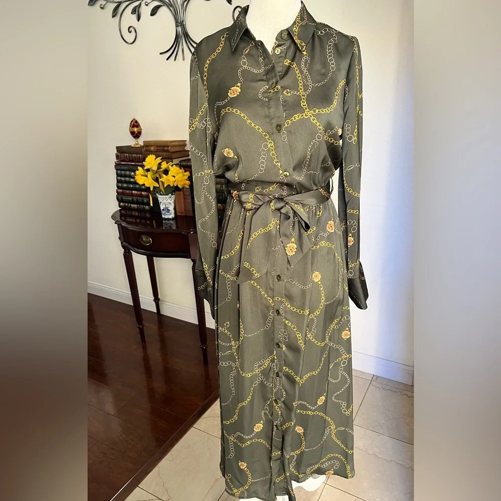 Mango Olive Green Chain-Print Midi Shirt Dress